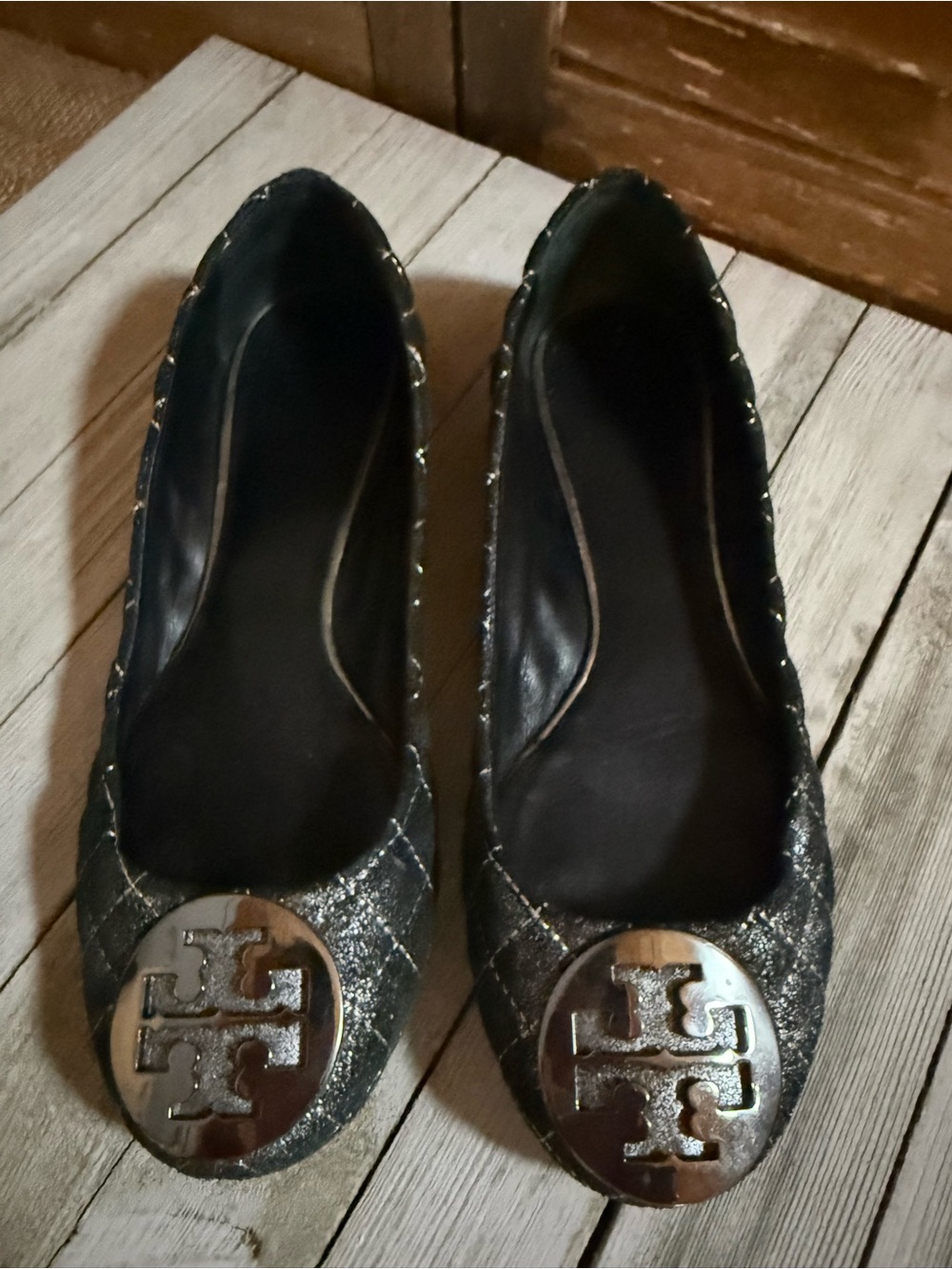 Tory Burch Black metallic Quilted Ballet Flats with Silver Logo